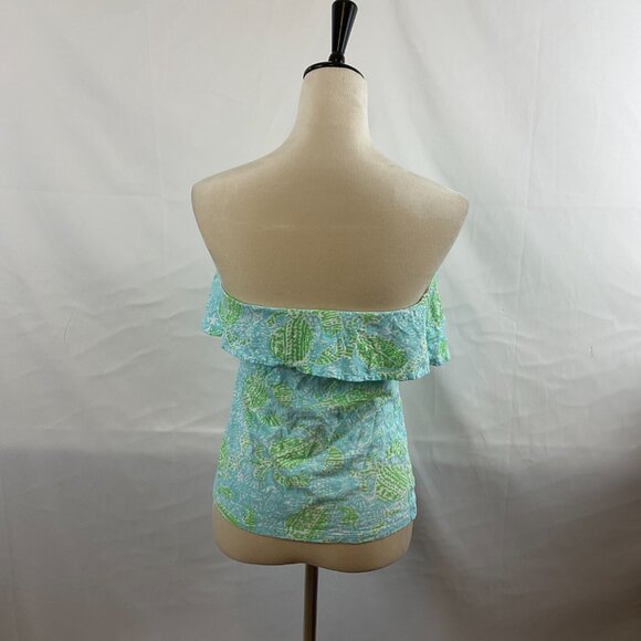 Lilly Pulitzer Wiley Ruffle Top S Blue Green White Print Strapless - Picture 6 of 8